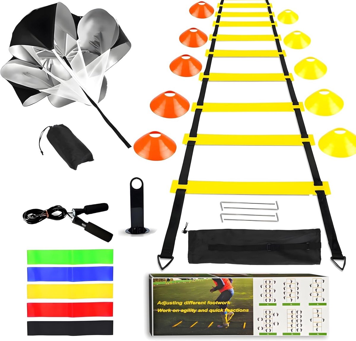 Voetbaltrainingsset - Set - 6 meter - Coördinatieladder met Parachute en Draagtas - Voor Training en Verbetering van Vaardigheden