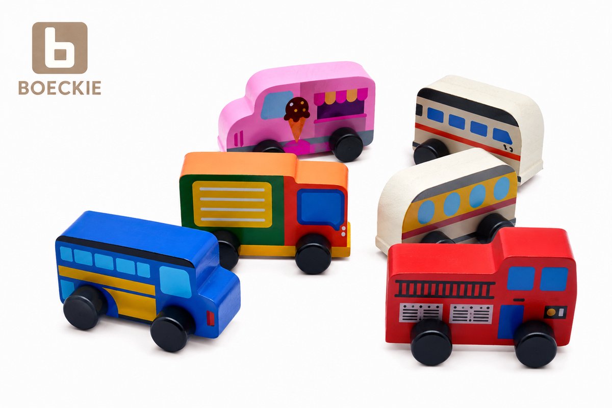 BOECKIE 6-Delige Houten Voertuigenset – Mix van Auto’s – Minimaal 3 Verschillende Soorten – Houten Speelgoed vanaf 18 Maanden – Uitdeelcadeau