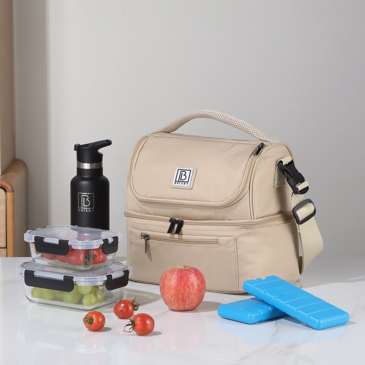 Brisby Koeltas 11 Liter - Lunchtas - Kolftas - Inclusief 2 Koelelementen - Dubbel Compartiment - 4-Laags Geïsoleerd - Waterafstotend - Natural Champagne