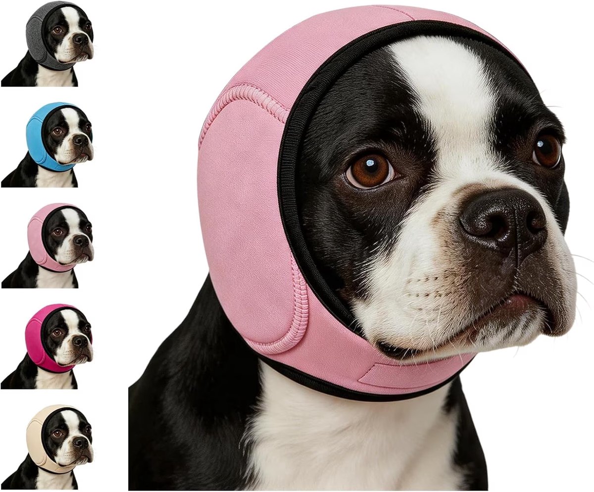 Geluiddempende oorkap - Honden anti-schud oorkappen - Geluidsbescherming tegen vuurwerk, onweer en stofzuiger - Comfortabele rustgevende capuchon voor honden - Verstelbaar (Roze, S)