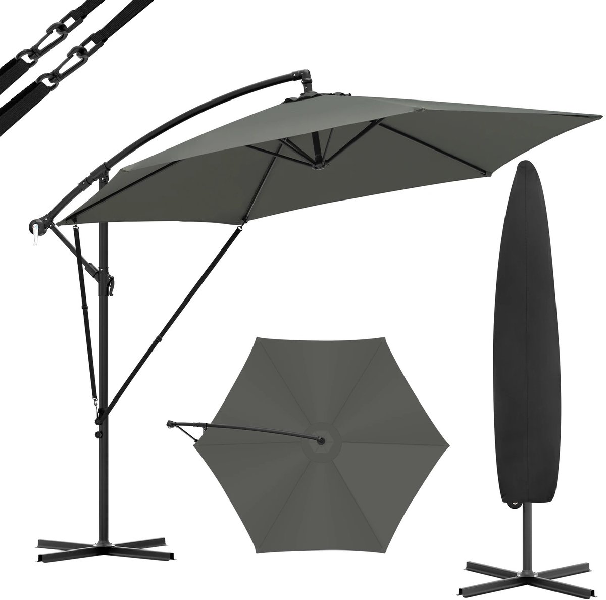 Parasol - Zweefparasol - Tuinparasol - Kantelbaar - 360° draaibaar - Waterafstotend - Versterkte kruisvoet - 300cm - Grijs