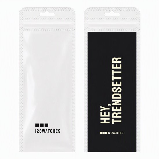 Verpakking met aan de ene kant een transparant hoesje met '123WATCHES' logo en aan de andere kant een zwart hoesje met 'HEY, TRENDSETTER' tekst en '123WATCHES' logo.
