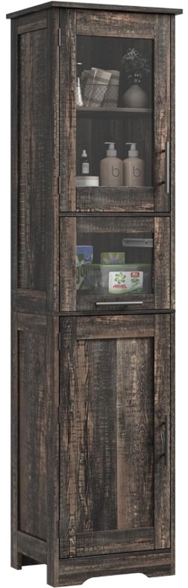 Retro Opbergkast Hoog - 40x30x170cm - Smal Badkamerkast - Transparante Deuren - Metalen Handgrepen - Verstelbare Planken - Voor Badkamer En Woonkamer - Donker Eikenkleur