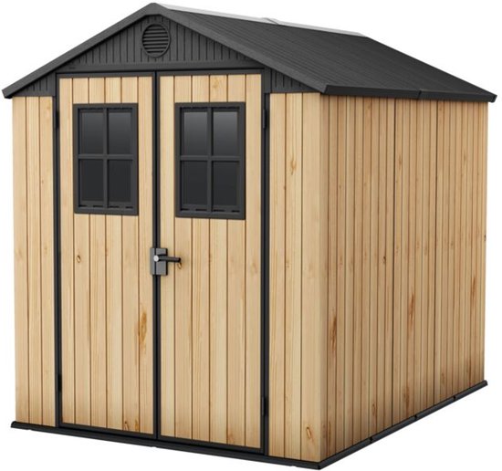 Bruin tuinhuis met zwarte deuren, twee ramen en een zwart dak.