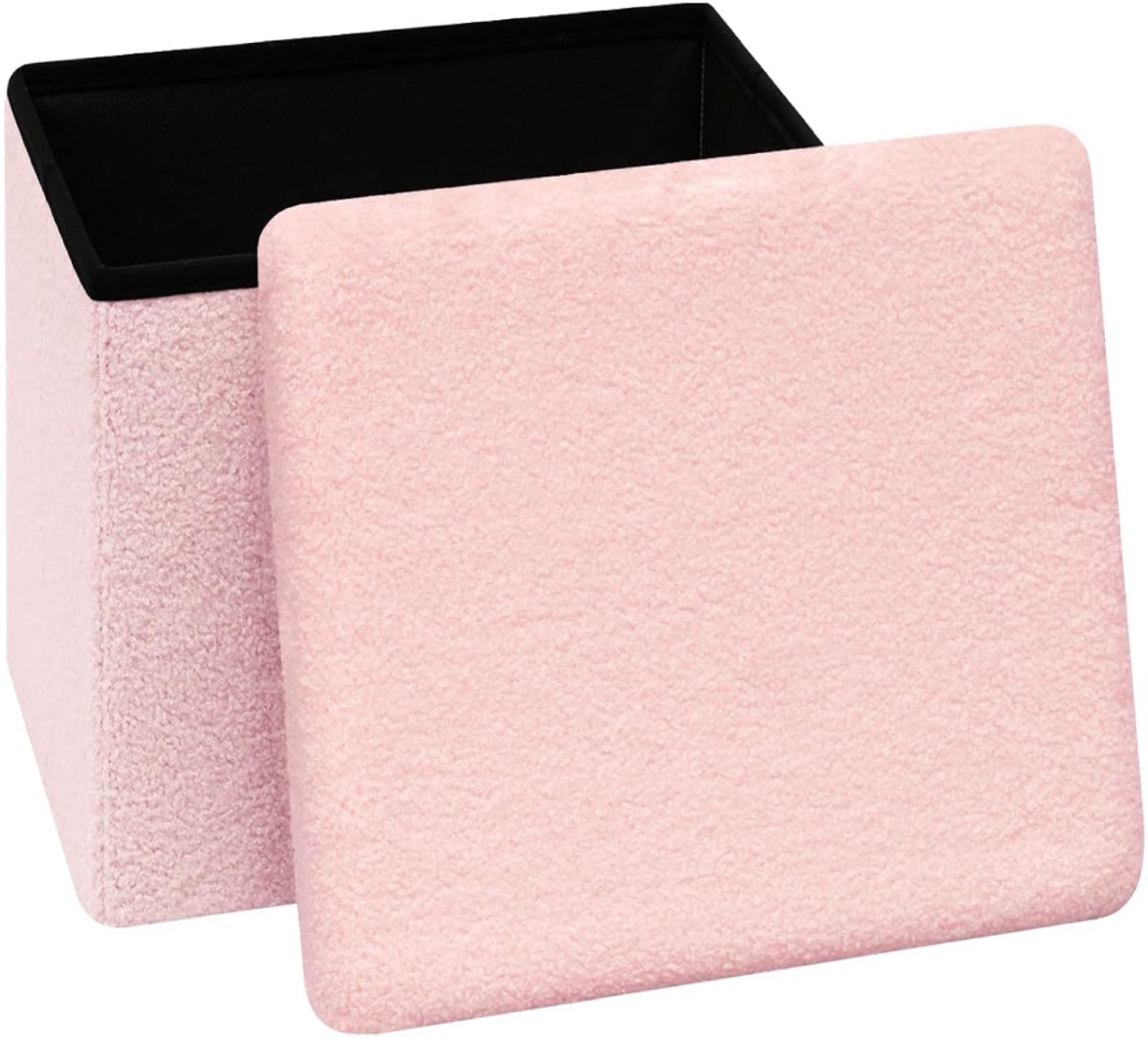 Opvouwbare bouclé kruk met opbergruimte - 42 x 32 x 32 cm - roze Gevoerde poef met deksel - voetenbank en opbergdoos - ruimtebesparend - voor woonkamer - slaapkamer - hal