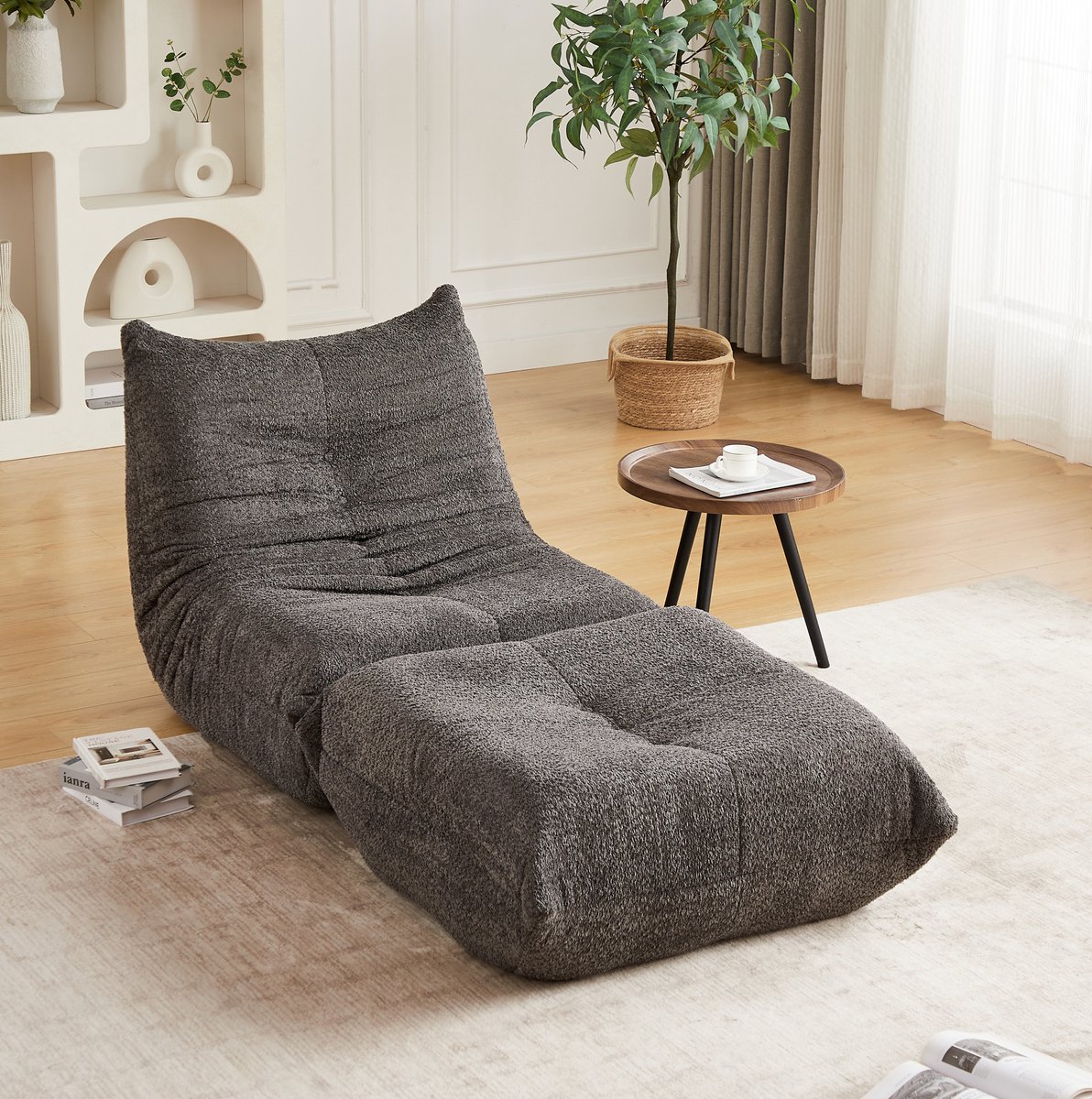 MIVRAY Zitzak Loungestoel 185 x 94 x 101 cm - Met Hoge Rugleuning En Voetensteun - Voor Woonkamer, Slaapkamer En Speelkamer - Chenille - Grijs