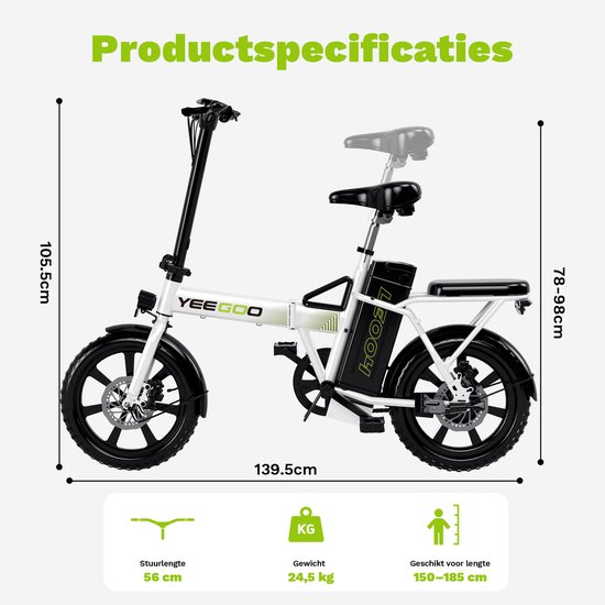YEE GOO Elektrische fiets - Elektrische Vouwfiets - Opvouwbare fiets - 250 W Motor - 36V10.4AH Batterij - Verwijderbare Accu - Max. Snelheid 25 km/u - 30-45 km Actieradius - 16″ Banden - Dubbele Schijfremmen - geschikt voor woon-werkverkeer - Wit — afbeelding 5