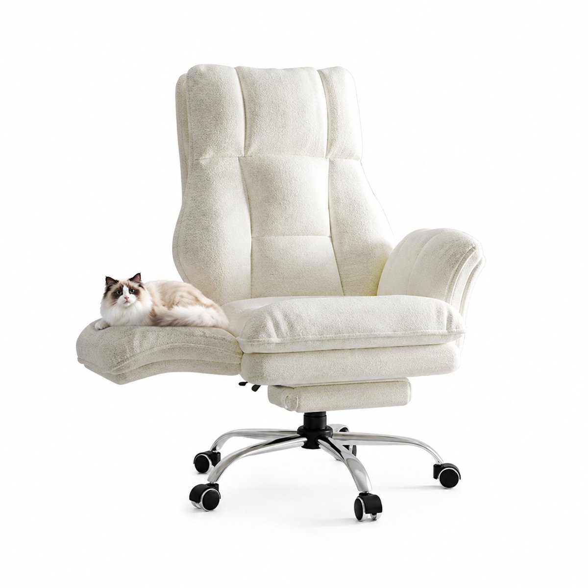 VILIMA - Luxe bureaustoel - Teddy wit - Ergonomische bureaustoel - Bureaustoel - Gamestoel - Draaibaar - Voetensteun - Wieltjes