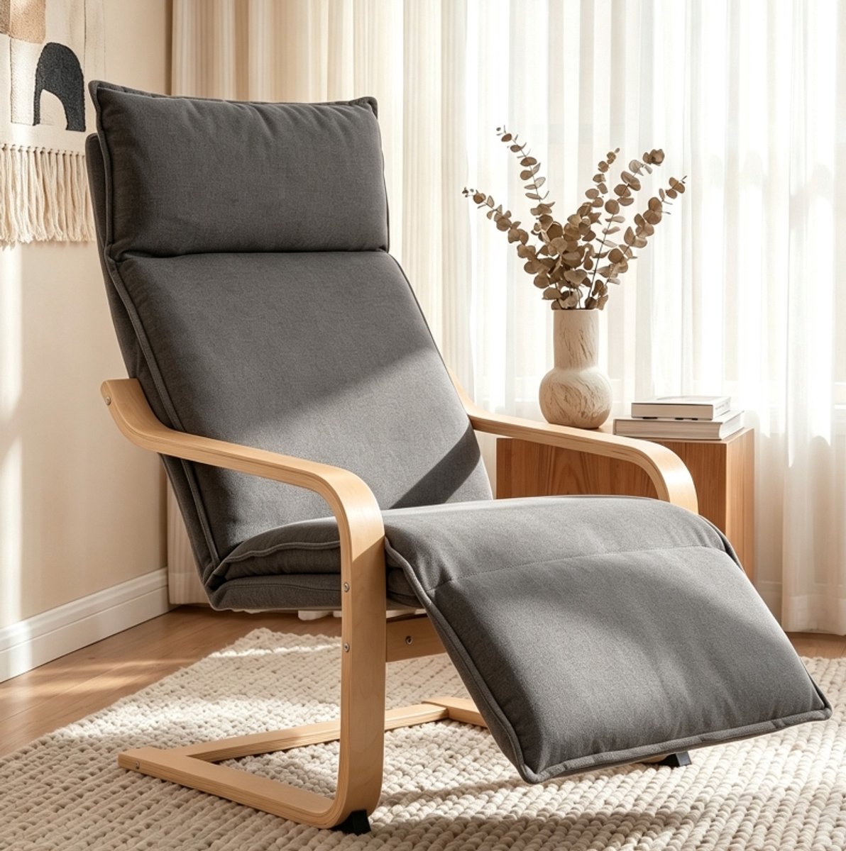 OKWISH Fauteuil – Schommelstoel met Voetensteun – Comfortabel Ontspannen in Woonkamer of Leeshoek – Stof – Donkergrijs