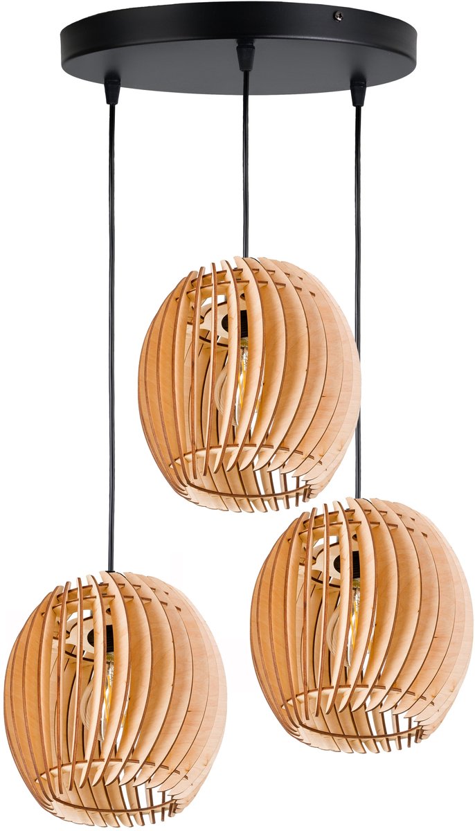 Hanglamp hout retro E27, 3 lichtpunten, verstelbare hoogte