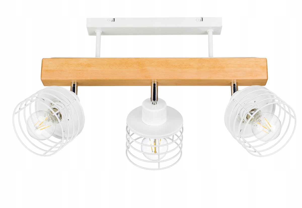Houten balk hanglamp E27, wit metaal, loft design, 3 lampen