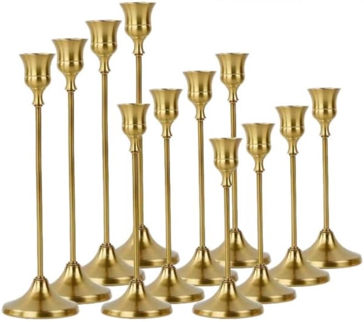 Kandelaars, 12 stuks, goudkleurig, staafkaarsen, hoge staafkaarsenhouder - ShopVlot