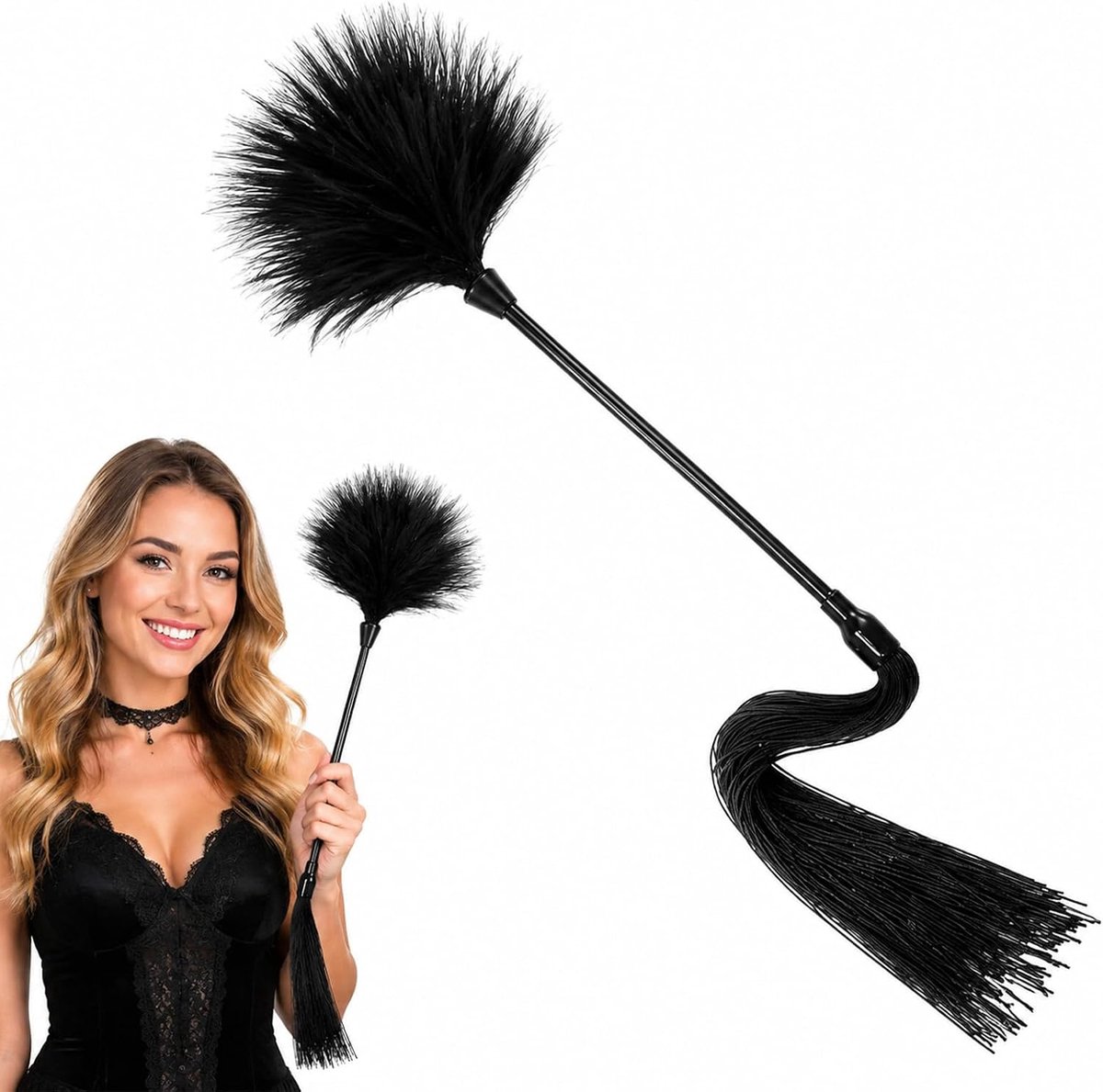 Zwarte veren plumeau met siliconen handgreep decoratieve veerkwast met franjes cosplay accessoire lichte handplumeau - ShopVlot