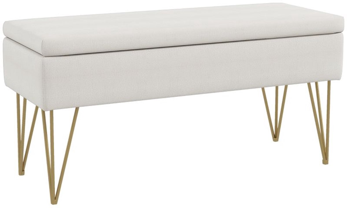 100 x 40 x 49 cm Crème Witte Bedbank met Opbergruimte, Gestoffeerde Opbergbank, Zitbank met Opklapbare Zitting, Opbergbank voor Slaapkamer, Halbank, Voetenbank, Dikke Gewatteerde Zitting, Ademend Stoffen Bekleding, Goudkleurige Metalen Poten