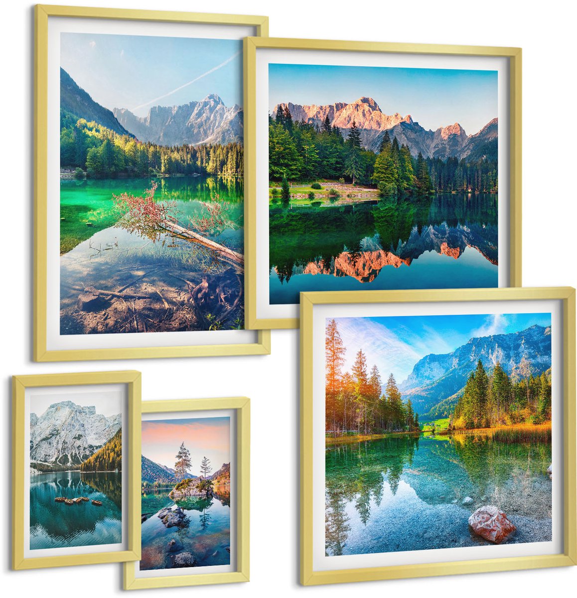 TULUP 5-Delige Schilderij Set - Berglandschappen met meren en groene bossen - 50 x 50 cm, 20 x 30 cm en 40 x 60 cm - Decoratieve Schilderijen - Wanddecoratie - Hal - Interieur Decoratie Gouden lijst