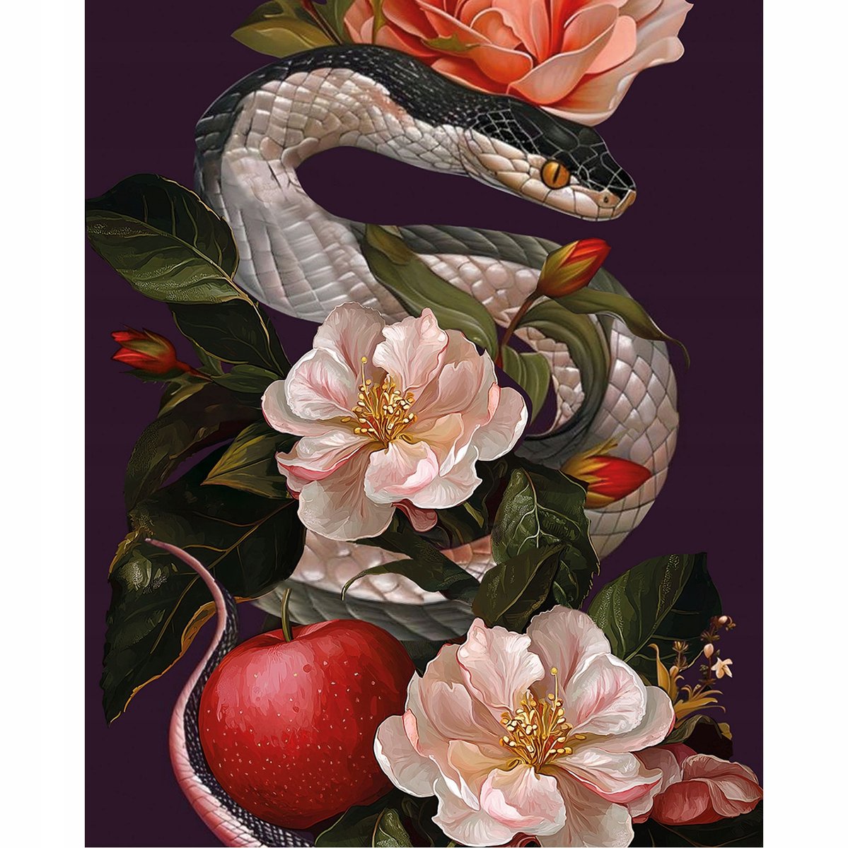 Diamant Schilderen Slang in Bloemen 40x50 cm met lijst