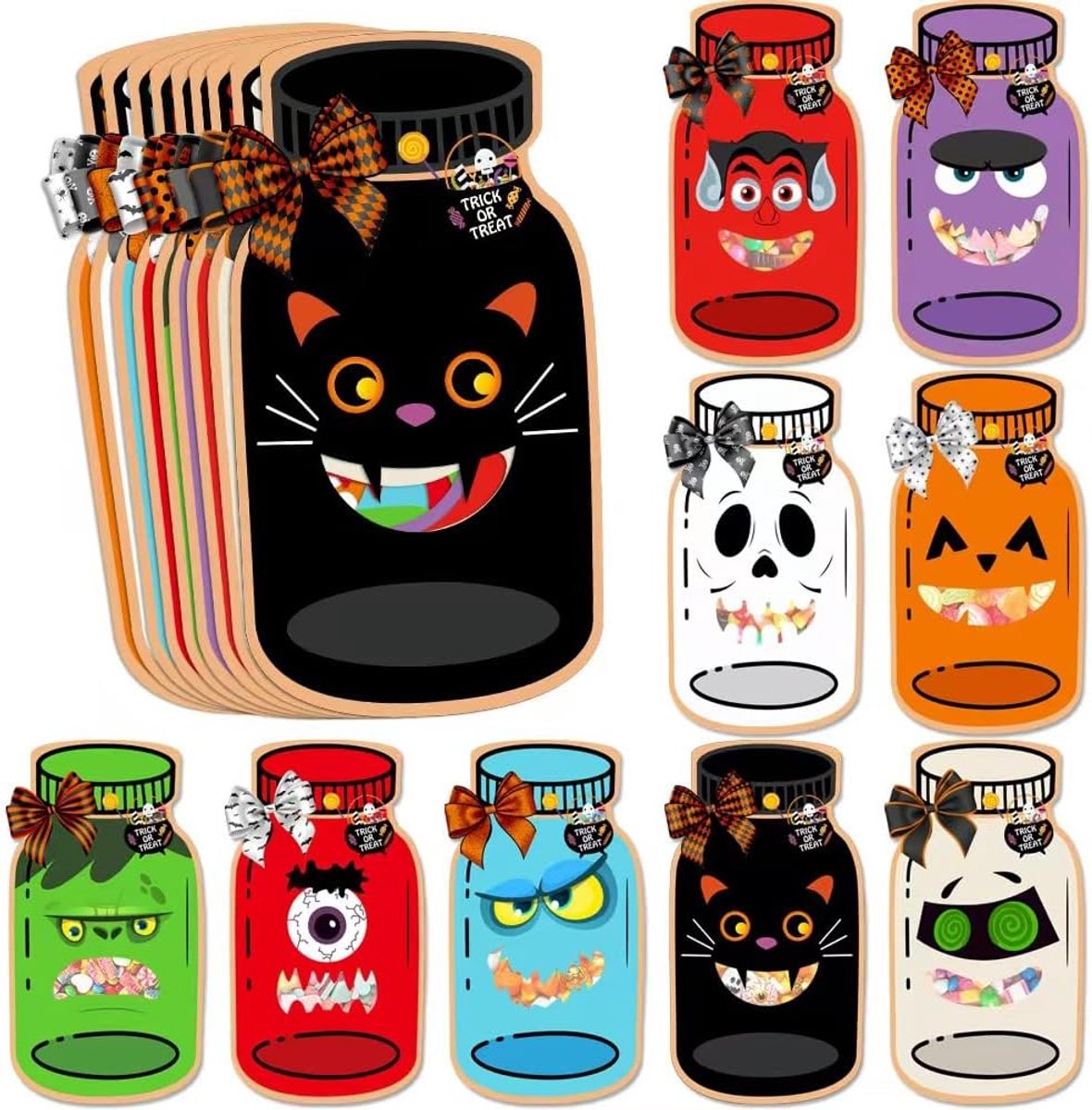Halloween Potje Kaarten en Zakjes - 27 Stuks - Trick or Treat Decoratie - Transparante Cadeauzakjes - Geschikt voor Klassikale Feestjes Thuis - Snoepzakjes - Herbruikbaar - Vrolijk Feestelijk - Eenvoudig te Vullen - Creatieve Verpakkingsaccessoires