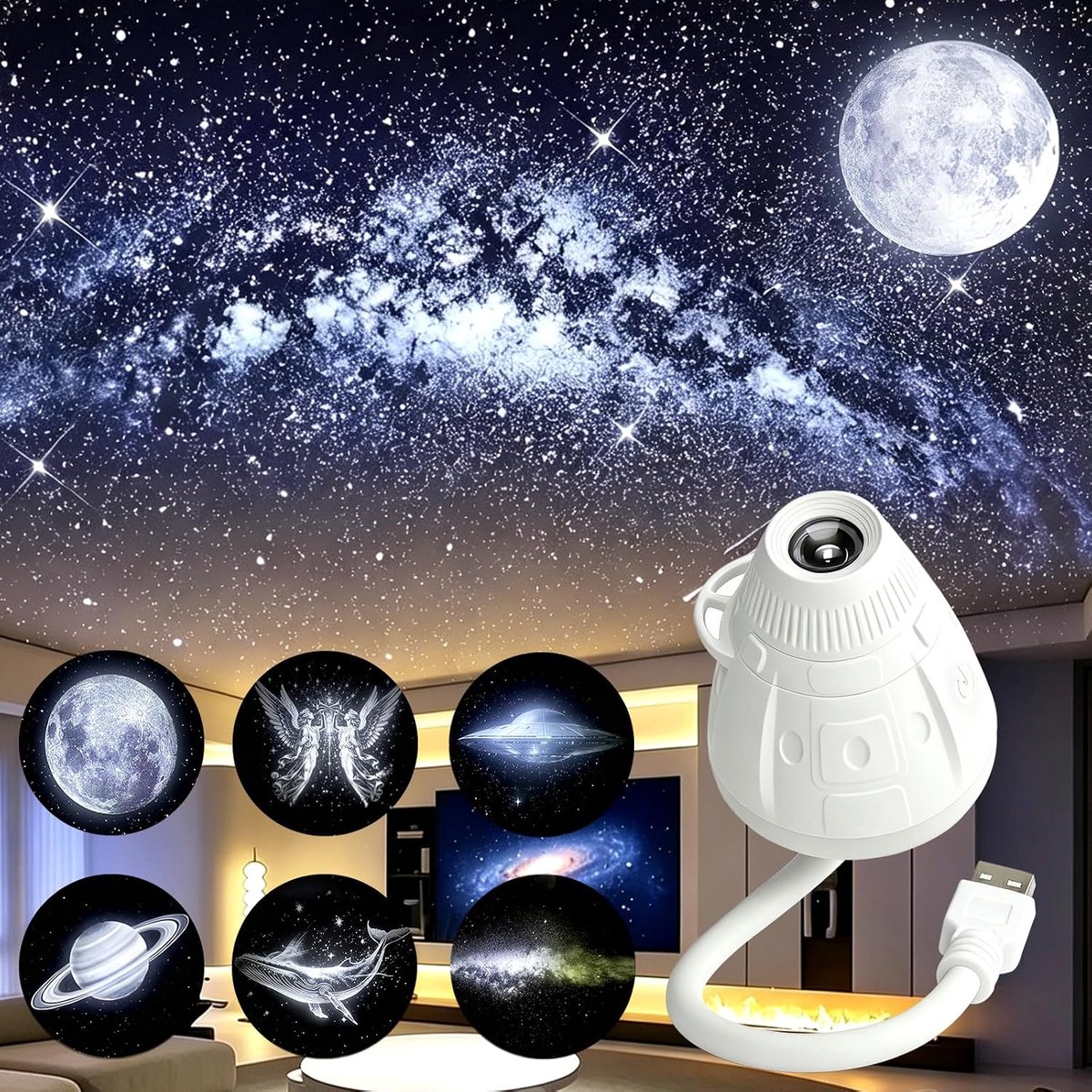 KZQ Projectorlamp - 2-in-1 Sterrenhemelprojector Nachtlampje - USB Sterrenhemelprojector - Draagbaar Sterrenhemellampje - Mini LED Wandprojector - 360° Instelbare Helderheid - Inclusief 6 Projectiefilms