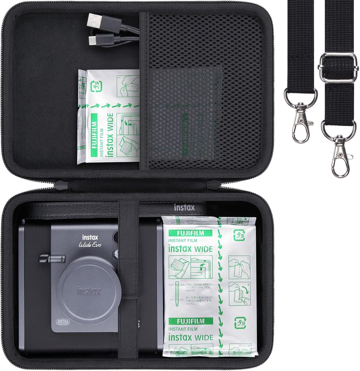 Khanka Fujifilm Wide Evo 2-in-1 Instant Film Camera and Printer Hard Case Bag with Shoulder Strap, Black (Case Only) - ShopVlot