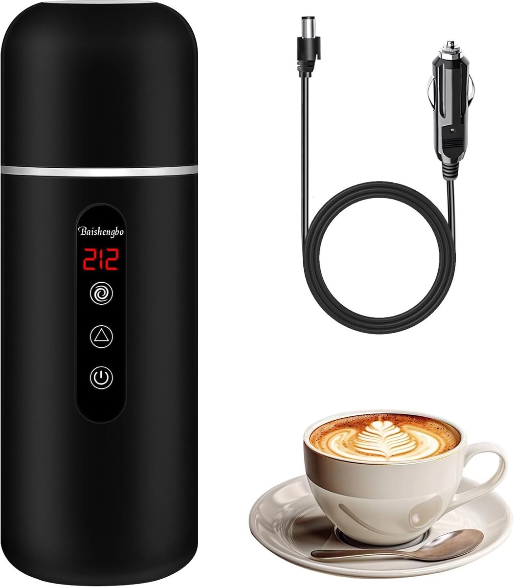 KZQ Draagbare elektrische waterkoker voor auto 12V/24V - 420 ml met ingebouwde roerder - Geschikt voor thee koffie en melk - Zwart