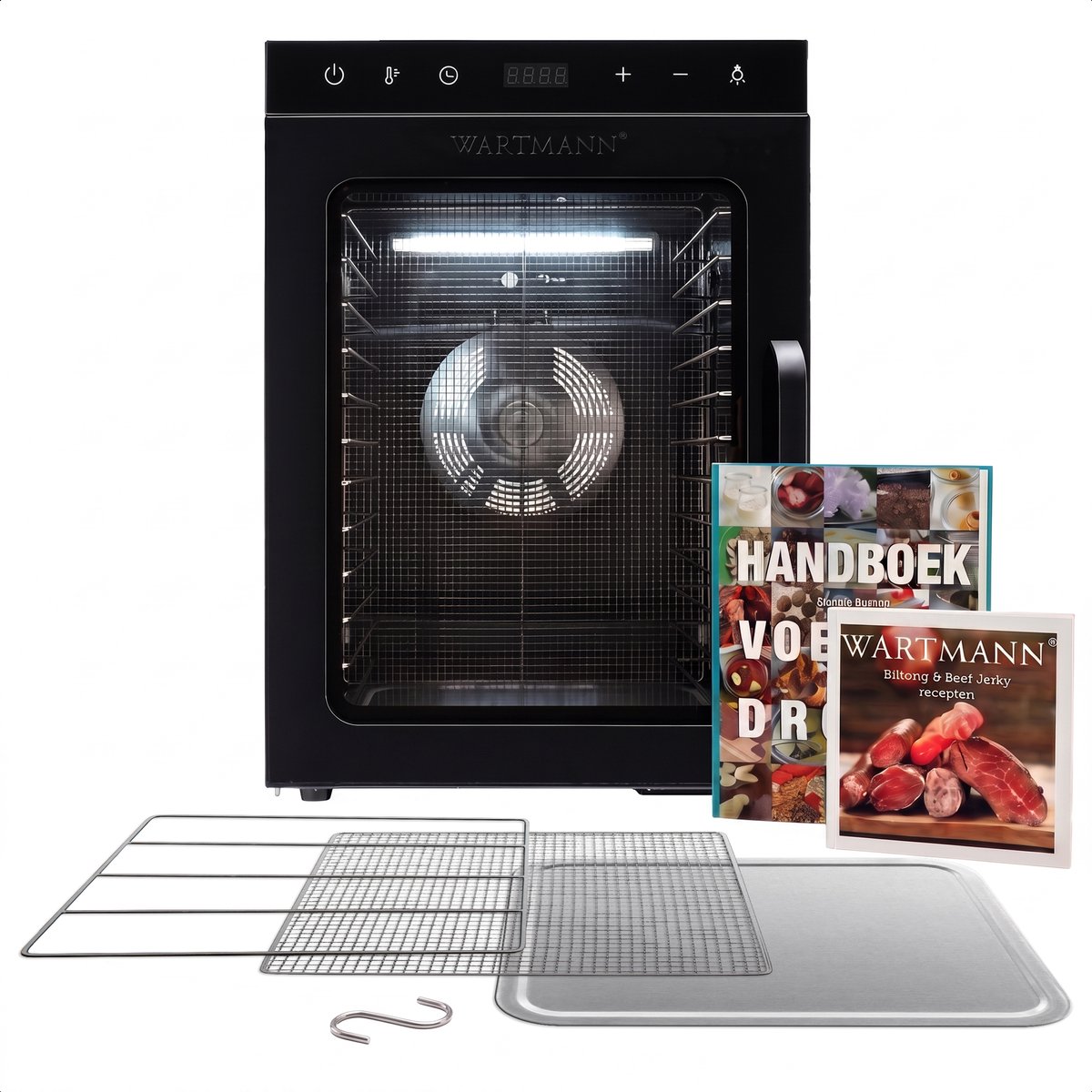 Wartmann Voedseldroger Set - 12 Laags Droogoven - Dehydrator - Dubbelwandig RVS - Vaatwasserbestendige Onderdelen - Ruime Capaciteit - Inclusief Handboek Voedseldrogen - Inclusief Biltong & Beef Jerky Receptenboekje - Nikkelvrij - Stil - WM 2512