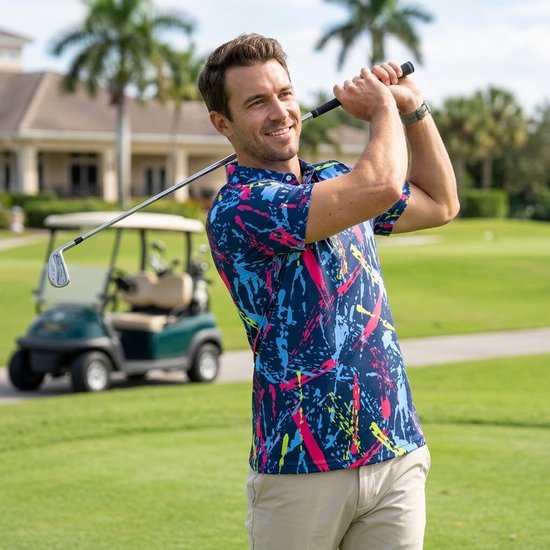 Marineblauw Golf Polo Shirt Heren Maat S Korte Mouw Sneldrogend Vochtregulerend Casual Sportief Abstract Graffiti Print Golfshirt — afbeelding 4