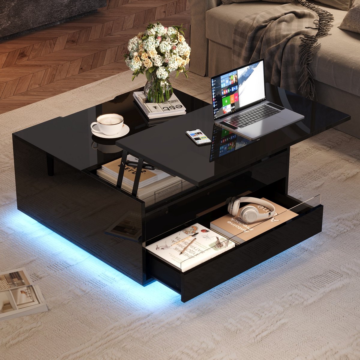 Sweiko Salontafel - LED-verlichting - Verstelbaar tafelblad - Met lade - Hoogglans - Zwart