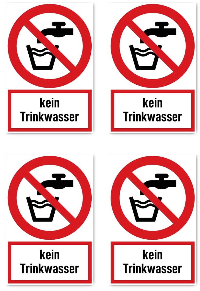 Sticker: 112.5 x 75 mm, 4 pieces - no drinking water - prohibition sign with text (German) (red/white) - upright - ShopVlot