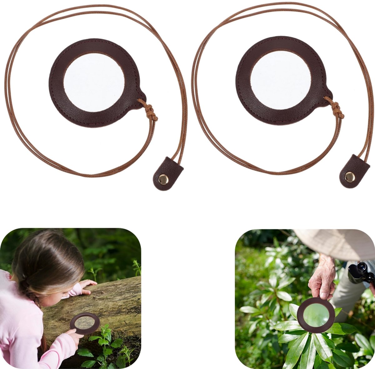 2 stuks vergrootglas - nekvergrootglas - leesbril - handvergrootglas - lichtgewicht - met nekkoord - HD huisaccessoires - geschikt voor buiten, ouderen, lezen (bruin, 7,2*4,8 cm)
