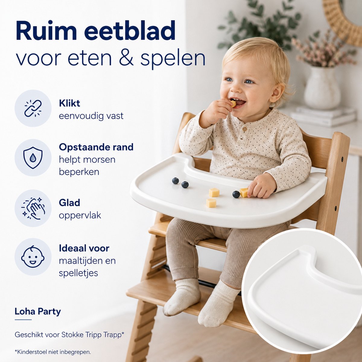 Loha Party Eetblad met Opbergbak – Geschikt voor Stokke Tripp Trapp – 2-delige Kinderstoel Accessoireset – Wit – foto 3