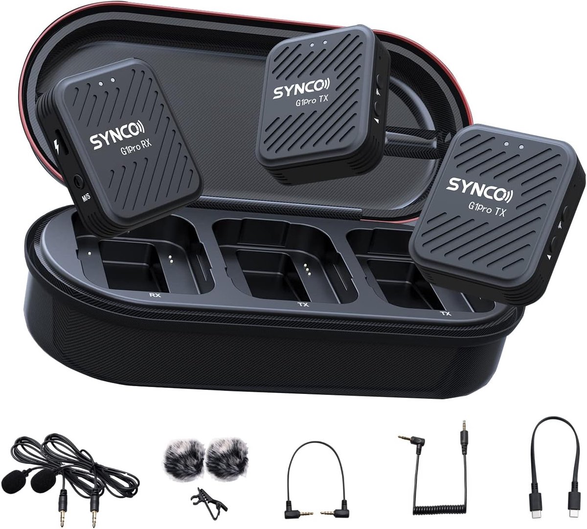 SYNCO G1(A2) Pro 2.4GHZ Wireless Lavalier Microphone with Charging Station 1 Receiver 2 Transmitter Microphone for - ShopVlot