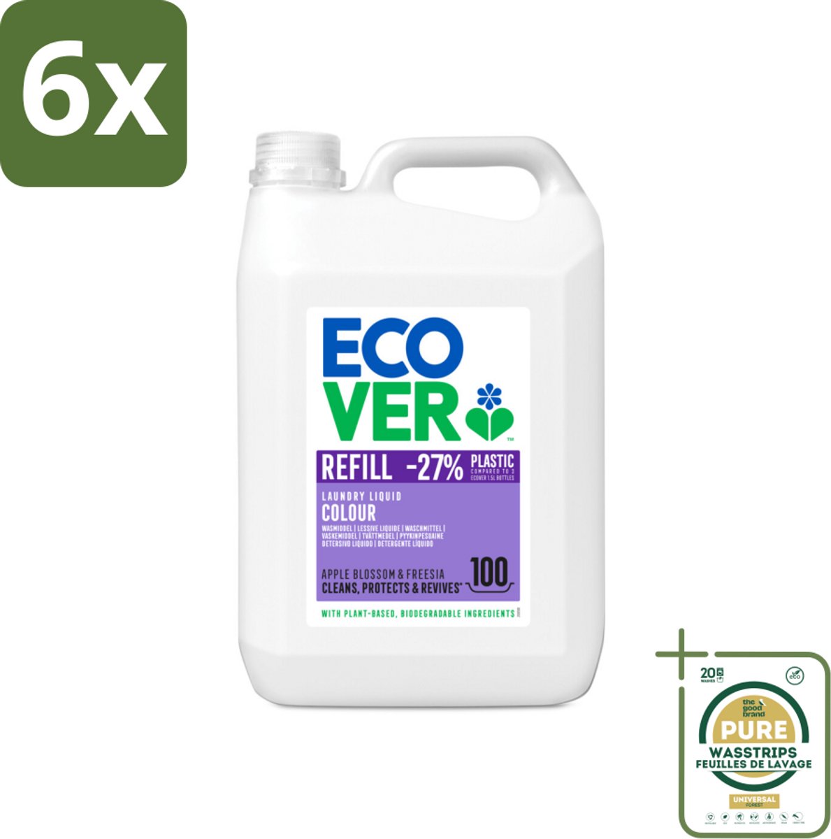 Ecover - Vloeibaar wasmiddel - Color - Appelbloesem & Freesia - 5 liter - 100 wasbeurten - Voordeelverpakking - 6 stuks - Biologisch wasmiddel - Plantaardig wasmiddel