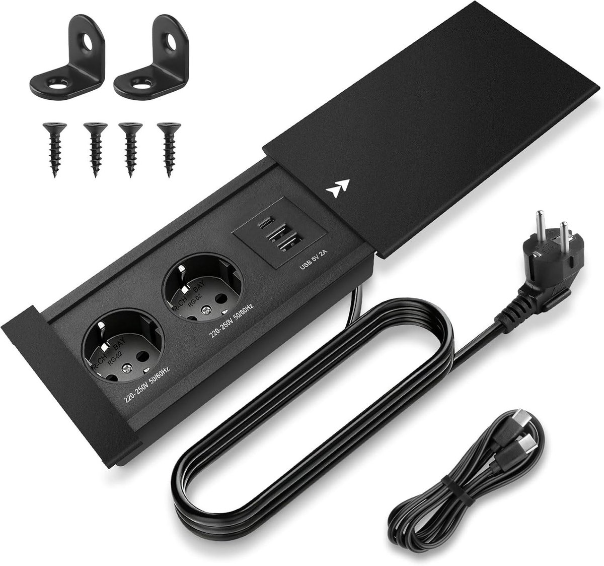 Inbouwstopcontact - Zwart - intrekbaar met USB/USB-C - Hoogwaardig Aluminium en ABS - Voor Kantoor en Thuis