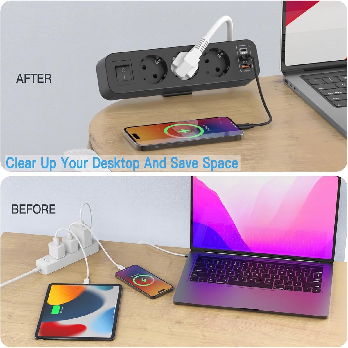 Tafelstopcontact - Zwart - 6-in-1 - Met USB Snelladen en Schakelaar - Voor Thuis en Kantoor
