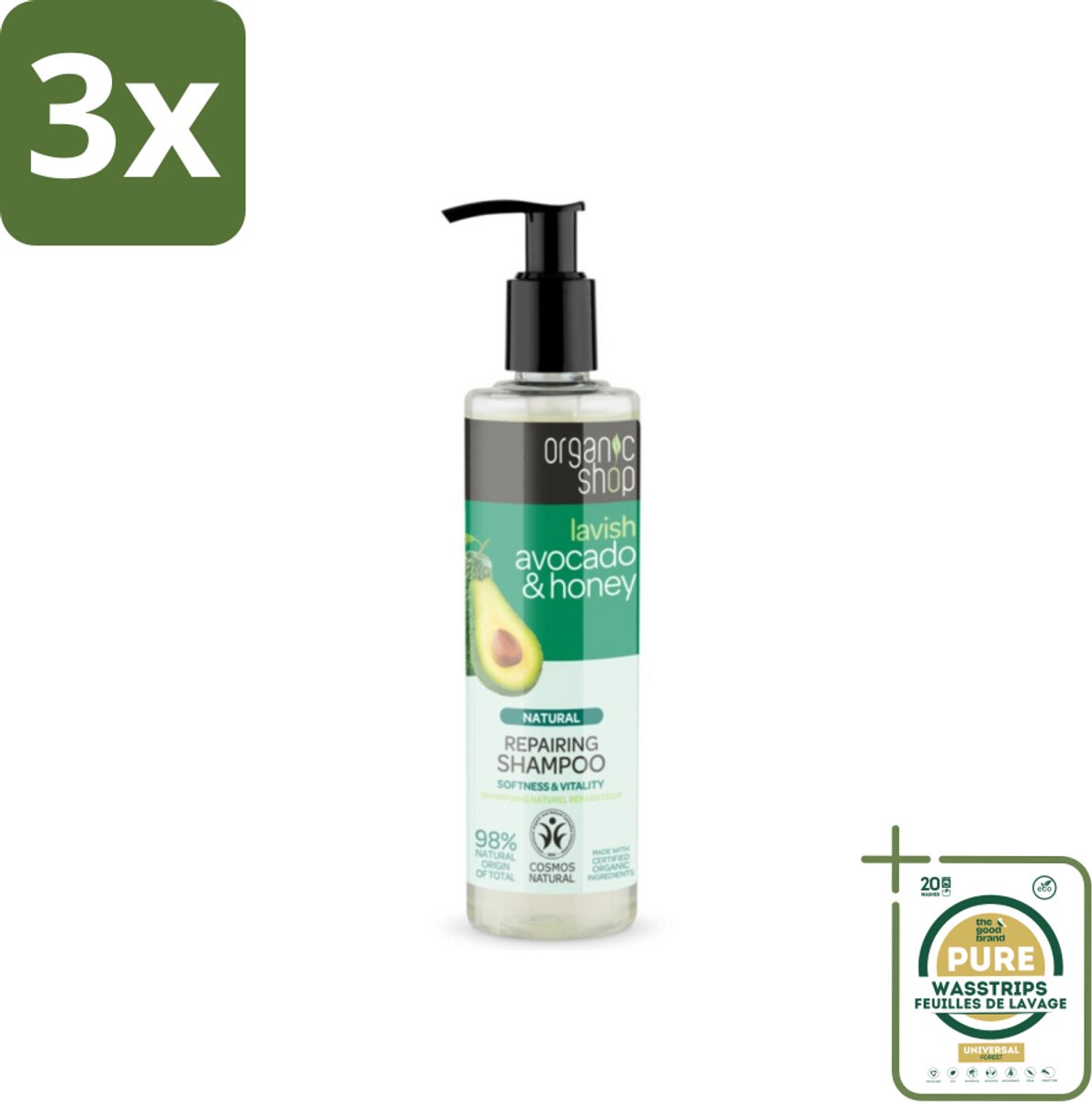 3 x Organic Shop - Natural Repairing Shampoo - Avocado & Honey - Hydraterend en Herstellend - 280 ml - Grootverpakking - Herstel Haar - Voedend Haar - Avocado Shampoo - Honing Shampoo - Droog Haar