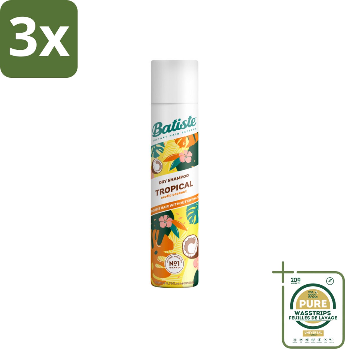 3 x Batiste - Tropical - Droogshampoo - Tropische Geur - Verfrist en Stylet - 200ml - Grootverpakking - Droogshampoo - Tropische Geur - Fris Haar - Vet Haar - Volume Haar