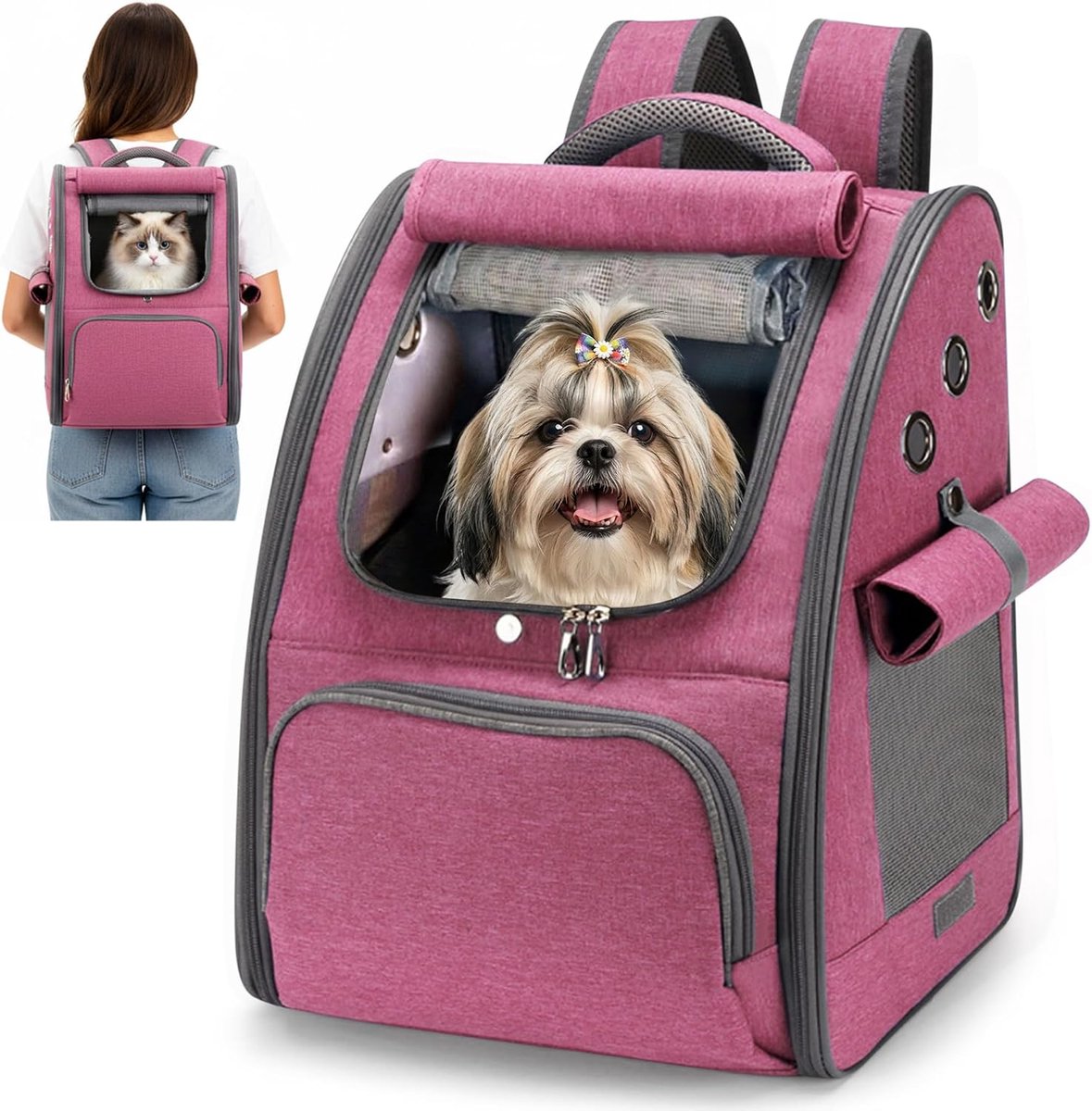 Dierenrugzak voor huisdieren - Vouwbaar en ademend - Berry roze - Ideaal voor reizen en wandelingen - ShopVlot