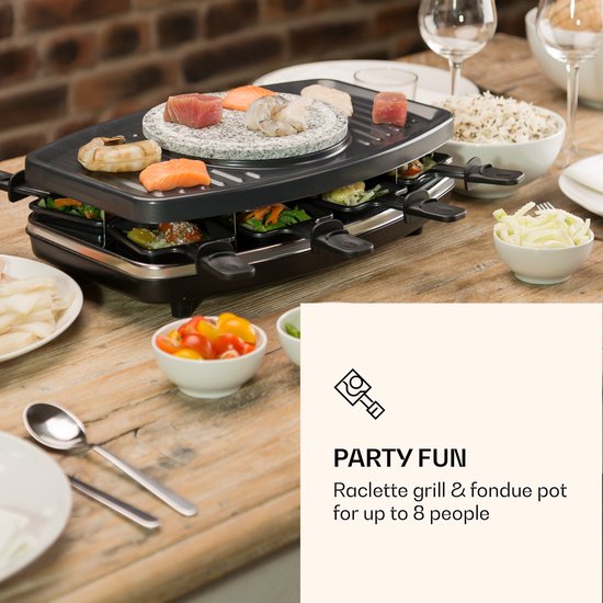 Klarstein 3 in 1 Raclette Fondue Kombi en Grill, 1100W Raclette Fondue Set met Steinplatte, Elektrischer Fondue Raclette Grill voor 8 Personen met 8 Pfännchen & Fonduegabeln, Raclette Gerät Elektrisch - geschikt voor thuisfitness en sportschoolgebrui — afbeelding 4