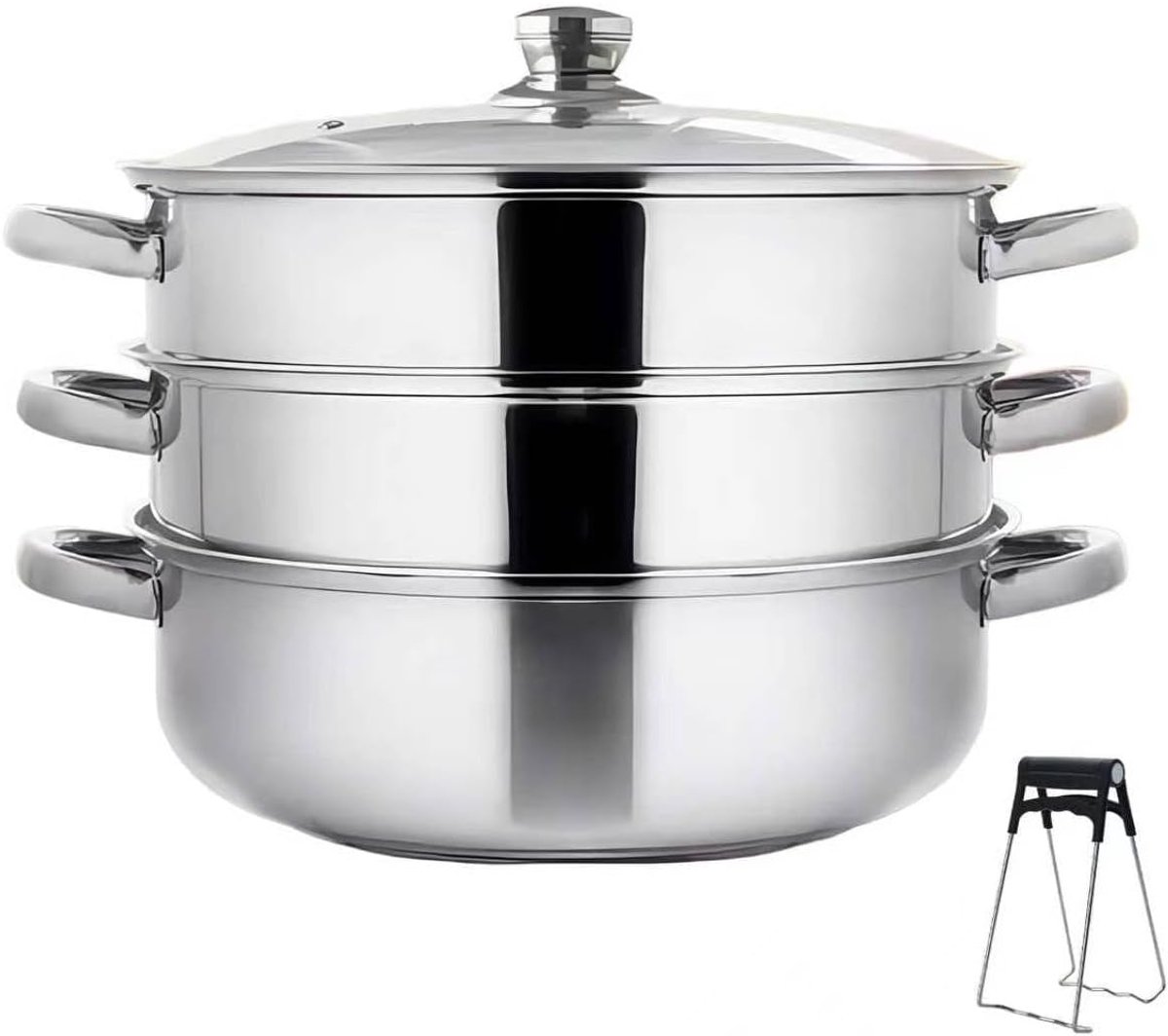 Stoomkoker 28 cm - RVS met 3 stoominserts - Glasdeksel - Gezond koken zonder vet - ShopVlot