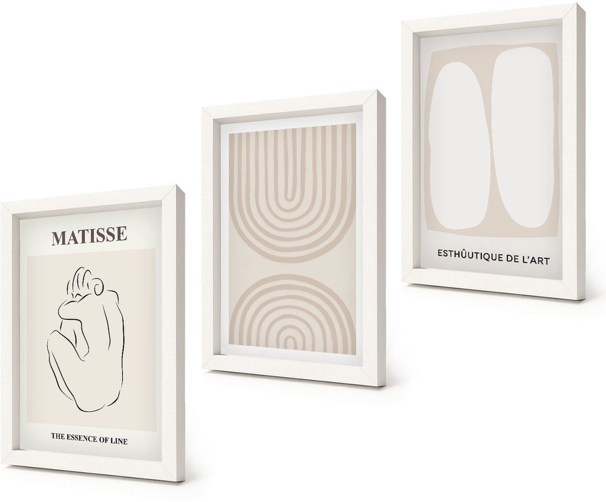 Coloray 3-Delige Schilderij Set - Stijlvolle lijnen en minimalistische vormen in neutrale tinten. - 20x30 - Wanddecoratie - Woonkamer Decoratie