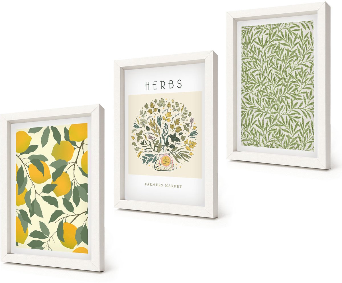 Coloray 3-Delige Schilderij Set - Citroenmotieven met kruiden en plantenbladeren - 20x30 - Wanddecoratie - Muurdecoratie - Moderne Interieurdecoratie - Stijlvolle Muurdecoratie