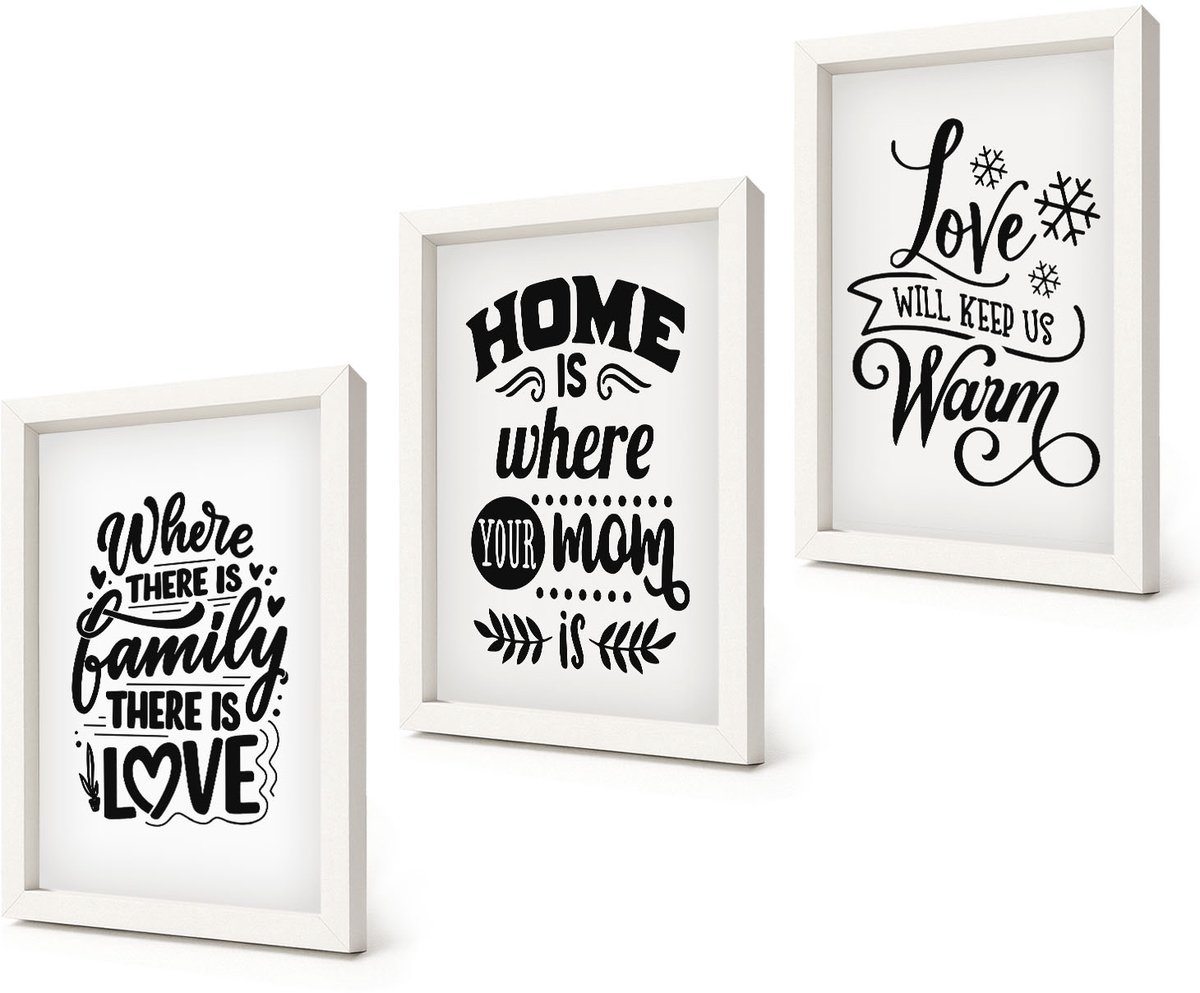 Coloray 3-Delige Schilderij Set - Familie, liefde, thuis, warmte in eenvoudige slogans - 20x30 - Moderne Wanddecoratie - Woonkamer - Decoratieve Schilderijen
