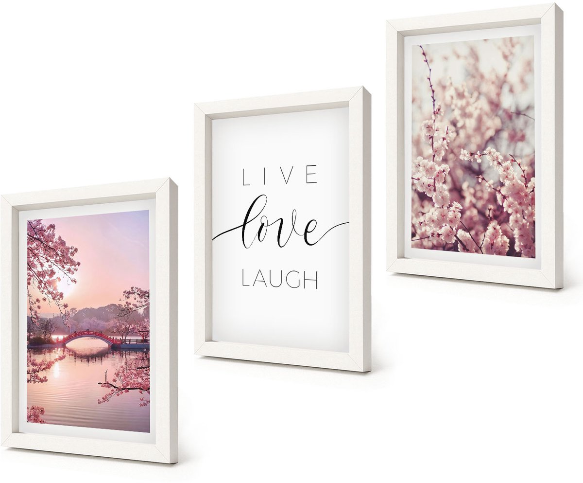 Coloray 3-Delige Schilderij Set - Bloemmotieven met een brug en een inscriptie - 20x30 - Decoratieve Muurdecoratie - Slaapkamer - Decoratieve Schilderijen