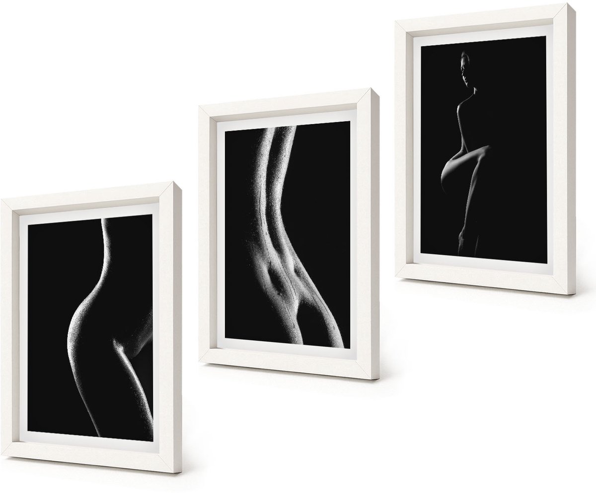 Coloray 3-Delige Schilderij Set - Erotische afbeeldingen van vrouwelijke silhouetten in zwart-wit - 20x30 - Wanddecoratie - Schilderijen Set - Interieur - Decoratieve Schilderijen