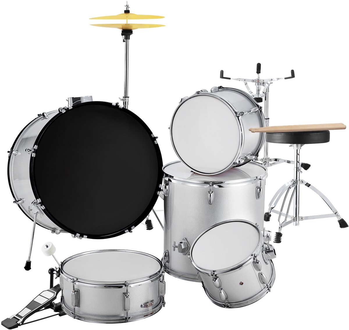 Drumstel, 5-Delig, Compleet Drumset met Basdrum, Toms, Snaredrum, Floortom, Verstelbare Drumkruk, Bekkens, Hi-Hatpedaal en Drumstokken, Ideaal voor Beginners, Zilverkleurig