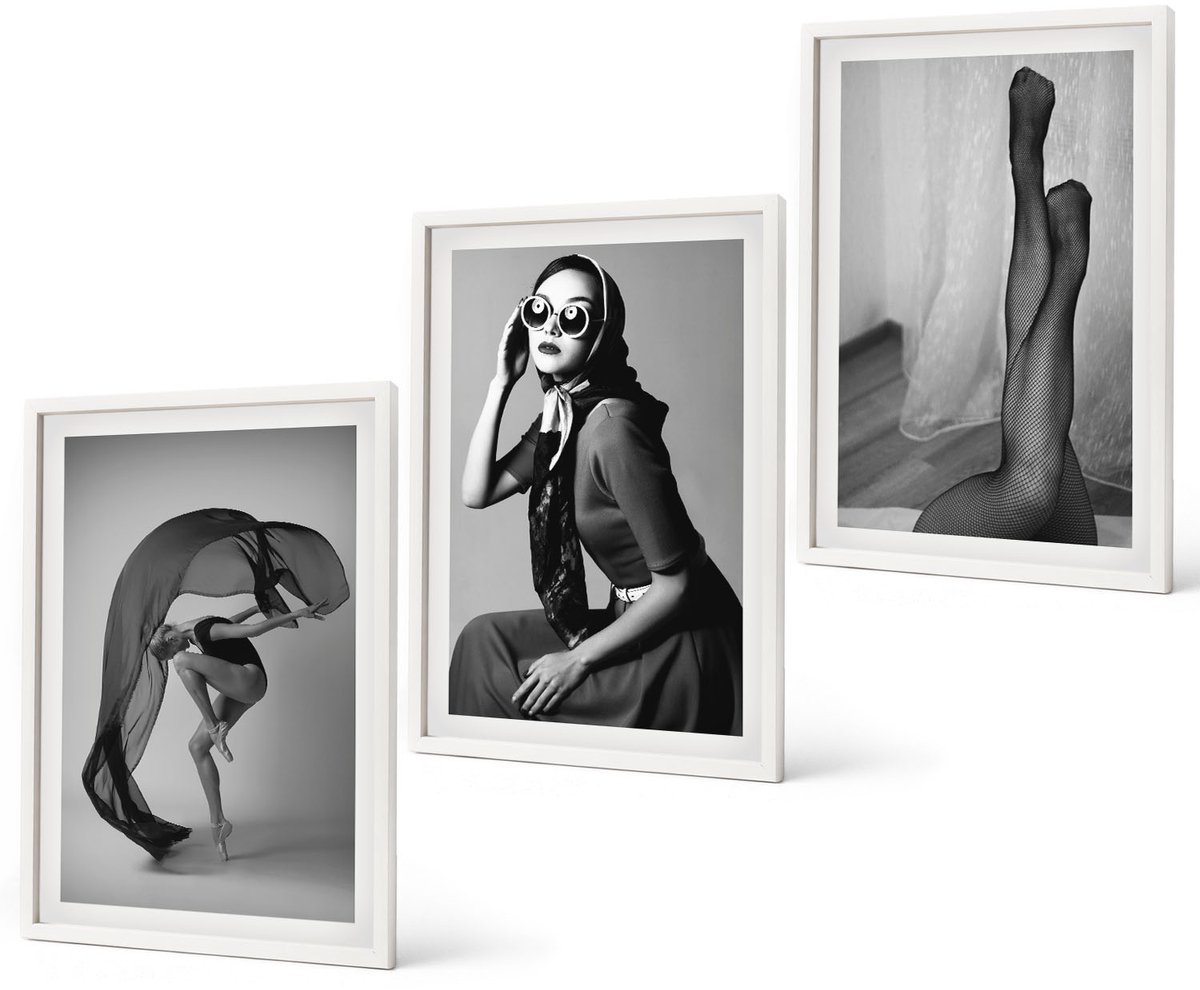 Coloray 3-Delige Schilderij Set - Stijlvolle Zwart-Witportretten Van Vrouwen In Elegante Poses - 40 x 60 - Muurdecoratie - Wanddecoratie - Slaapkamer