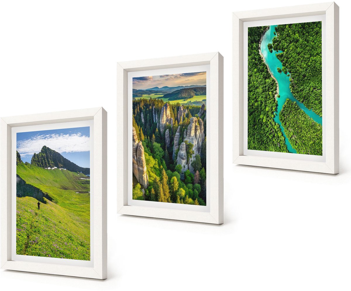 Coloray 3-Delige Schilderij Set - Groene berglandschappen met rivier en rotsen - 20x30 - Wanddecoratie - Schilderijen Set - Kantoor - Interieur Decoratie