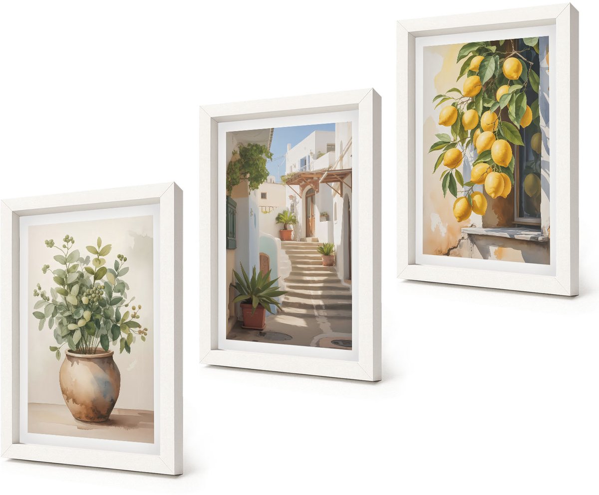 Coloray 3-Delige Schilderij Set - Potplanten en citroenen tegen de achtergrond van een straat. - 20x30 - Decoratieve Schilderijen - Woonkamer - Interieur - Muurdecoratie