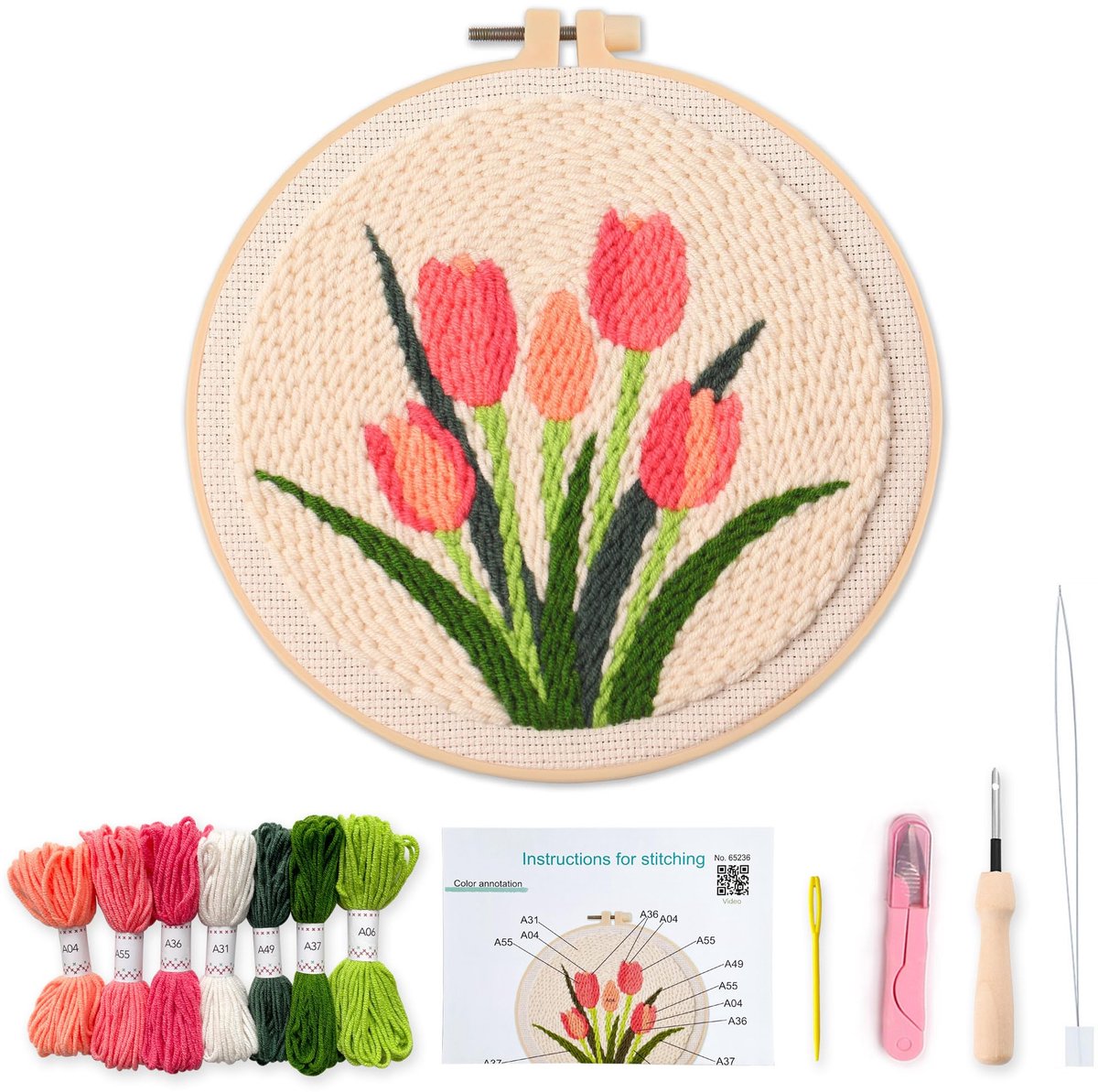 Ryoudavell - Punch Needle Set - Tulpen Borduurborduurset - Punch Needle DIY Knutselset met Vintage Tulpenontwerp - Bamboe borduurringen - Borduurpakketten - DIY - bloemen en planten - Anti Stress - Gestempeld borduurwerk