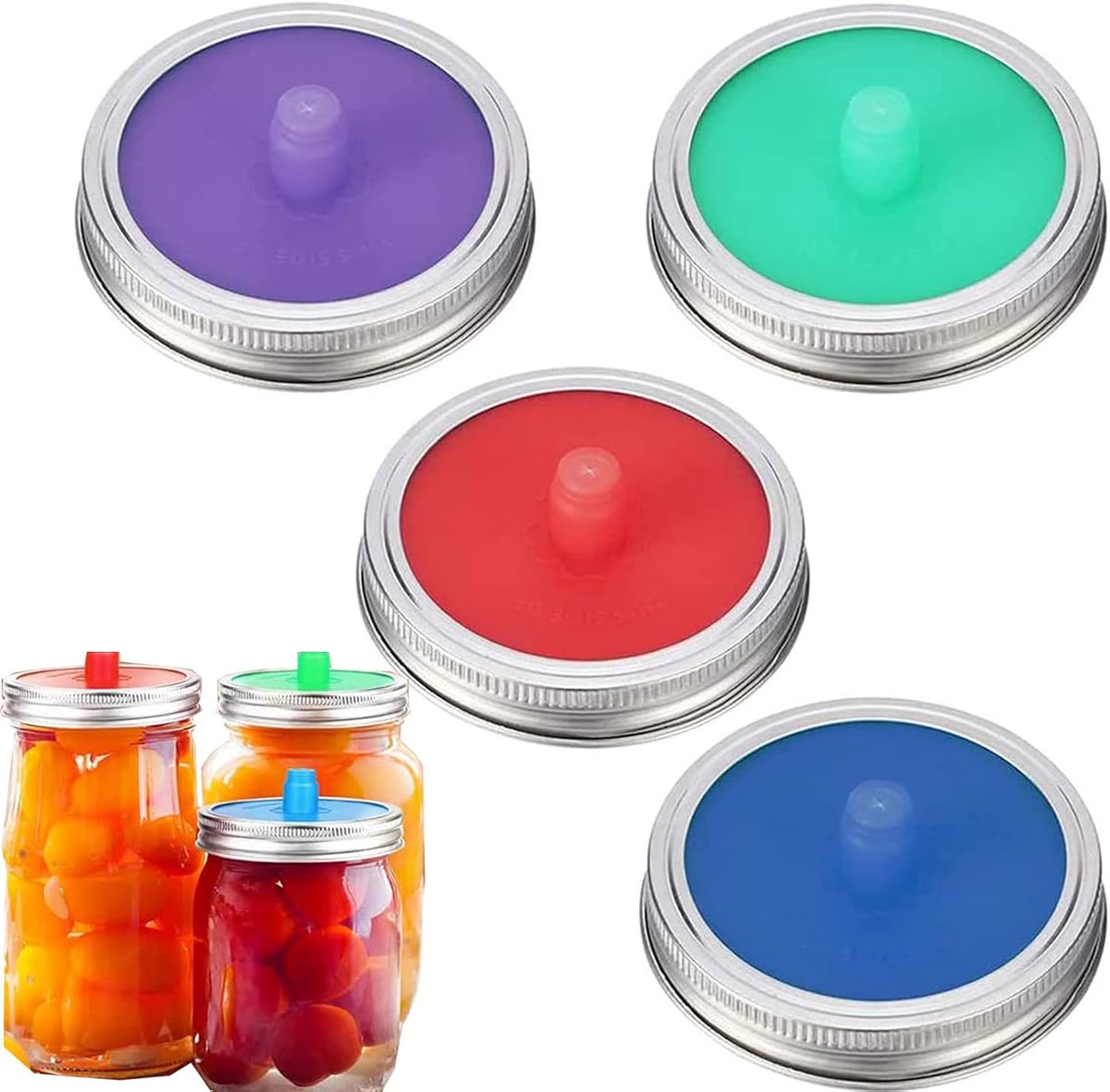 Fermentatieset 4 Delig - Voedselveilige Siliconen Dekkels voor Weckpotten - Luchtdichte Accessoires voor Het Maken van Zuurbrood en Kimchi - Bewaaroplossing voor Probiotische Augurken en Groenten